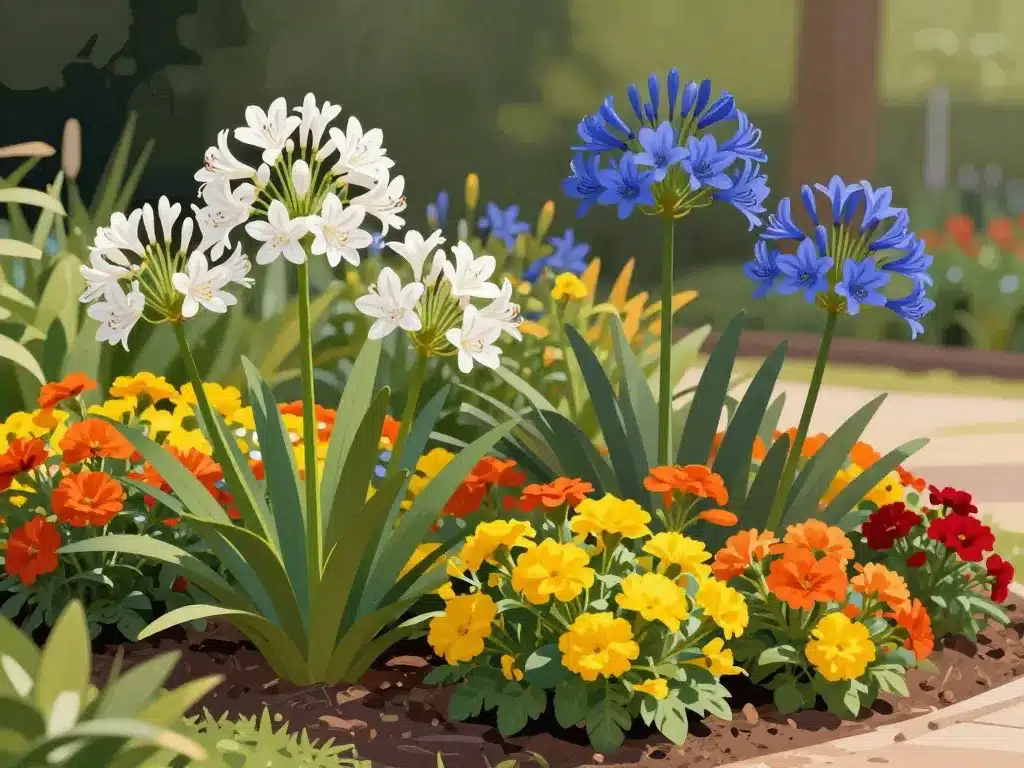 agapanthe orange et floraisons chaudes avec compagnons