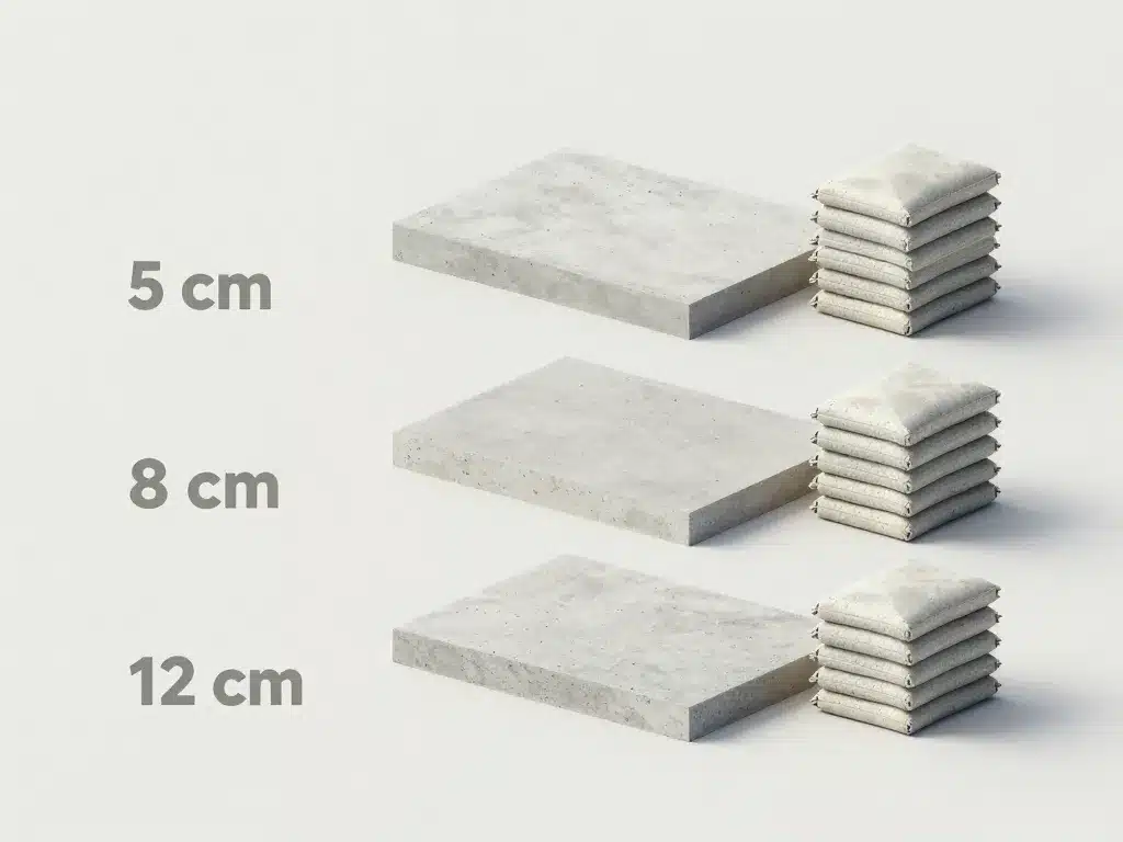 Visuel des quantités de sac de béton tout prêt pour 1m2 selon épaisseur