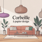 Illustration corbeille à papier design métal bois recyclé dans salon élégant