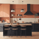 Cuisine terracotta et noir élégante avec lumière et bois