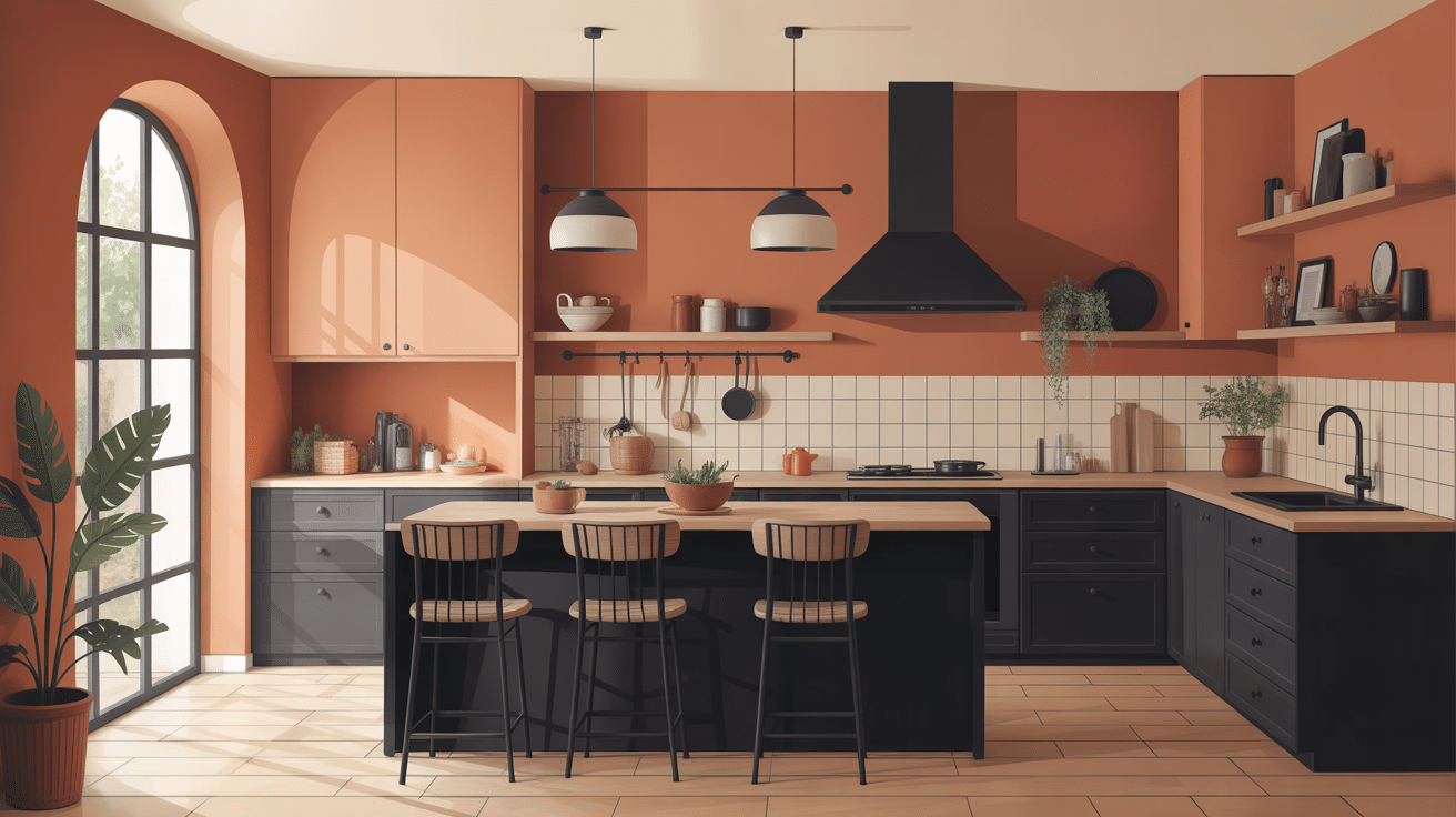 Cuisine terracotta et noir élégante avec lumière et bois