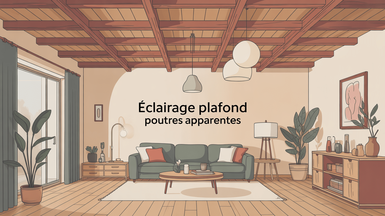 eclairage plafond poutre apparente dans un salon lumineux