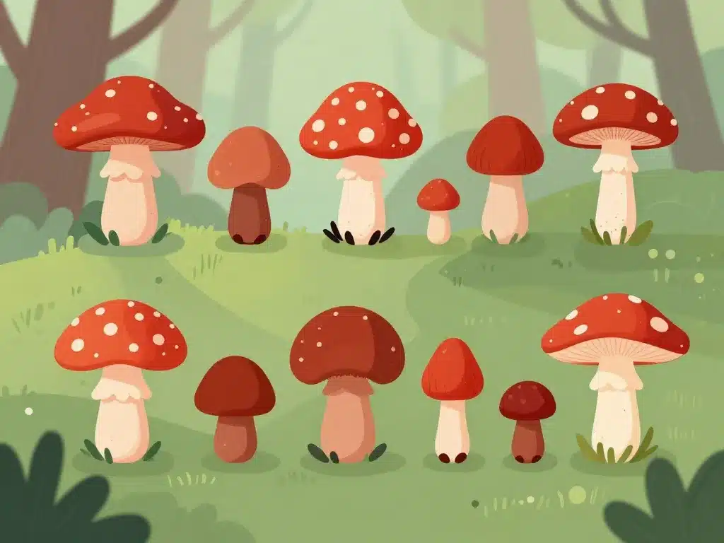 Différents petits champignons rouges variés alignés