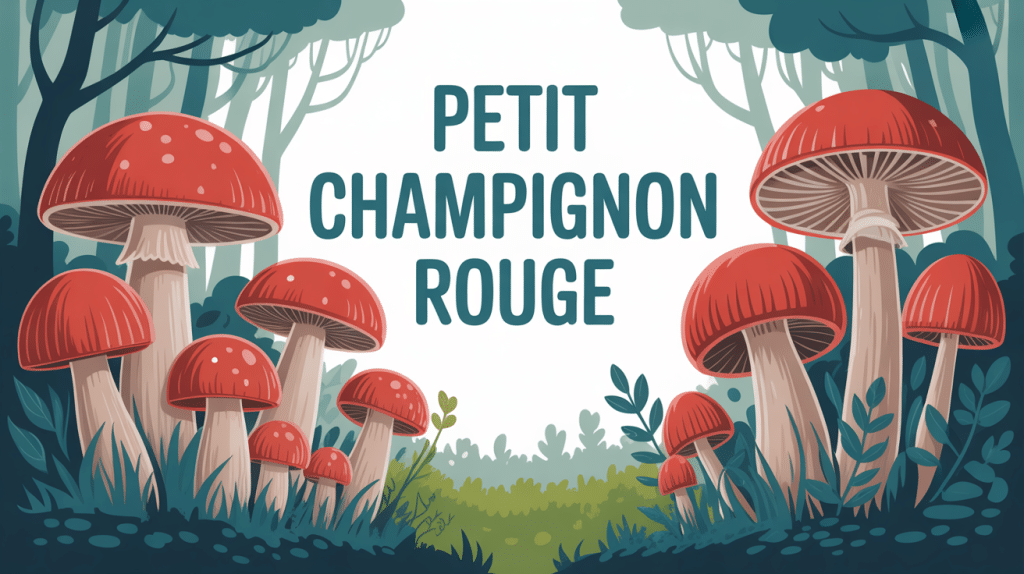 Illustration de petits champignons rouges en forêt avec titre