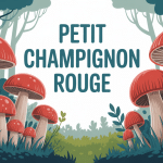 Illustration de petits champignons rouges en forêt avec titre