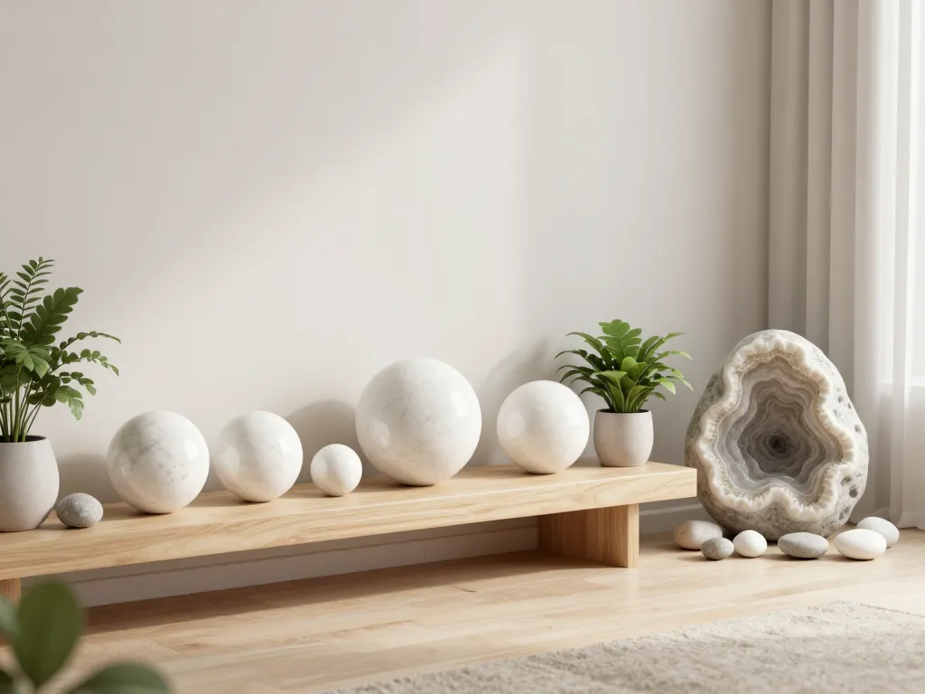 Quartz blanc décoratif dans salon contemporain lumineux