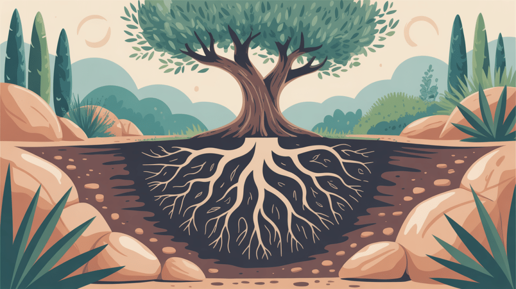 racine olivier étalée sous terre coupe jardin