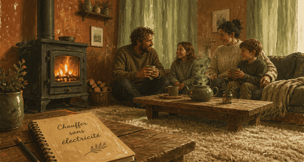 comment chauffer une pièce sans électricité, famille autour d’un poêle à bois