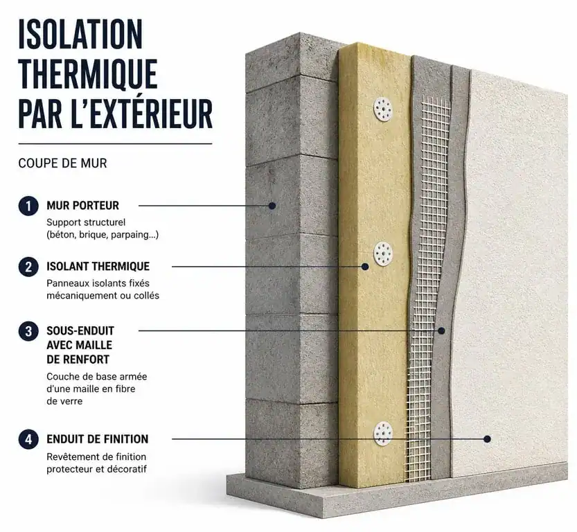 Coupe technique d'un système d'isolation thermique par l'extérieur (ITE) lors d'un ravalement de façade