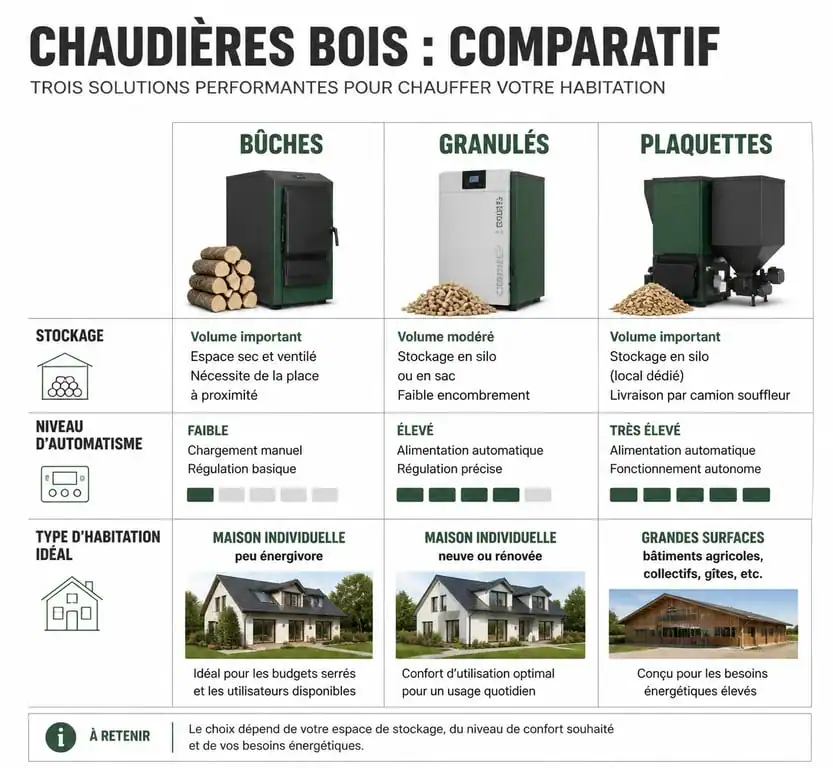Comparatif des types de chaudière bois : bûches, granulés et plaquettes pour choisir son mode de chauffage