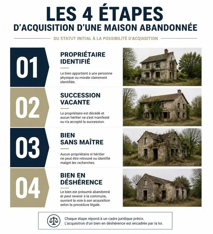 Infographie des étapes d'acquisition d'une maison abandonnée selon le statut juridique
