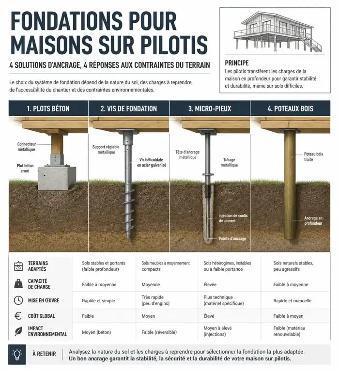 Comparatif des techniques de fondations pour constructeur maison sur pilotis