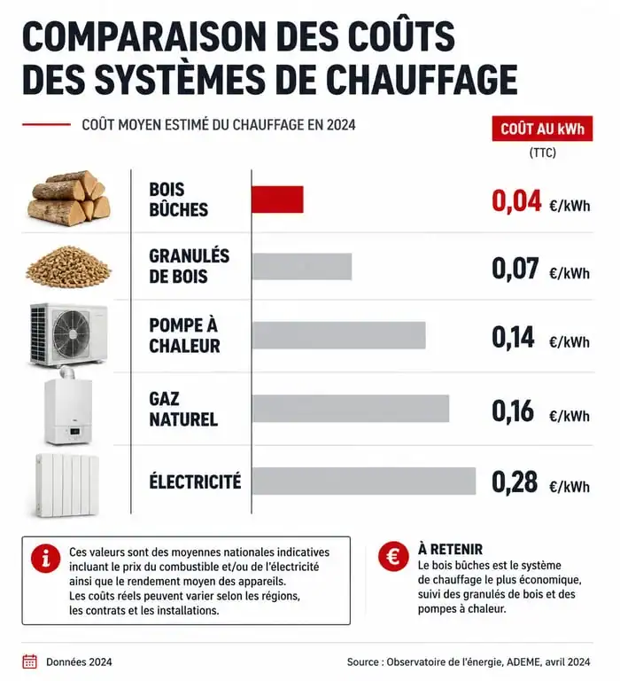 Comparatif des coûts du chauffage par énergie : bois, pompe à chaleur, gaz et électricité