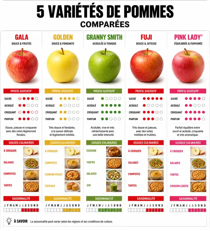 Infographie comparative des variétés de pommes les plus consommées