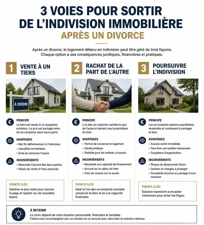 Schéma des trois options de sortie de l'indivision et divorce