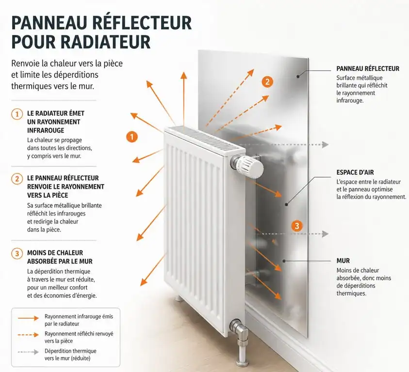 Schéma explicatif du fonctionnement d'un panneau réflecteur de radiateur pour limiter les pertes de chaleur