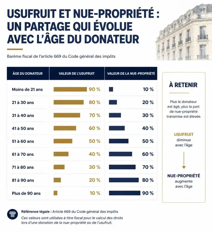 Infographie du barème fiscal de la donation en nue-propriété après 70 ans