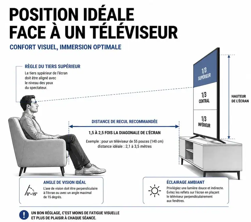Schéma illustrant la distance idéale entre le canapé et la télévision pour un confort visuel optimal