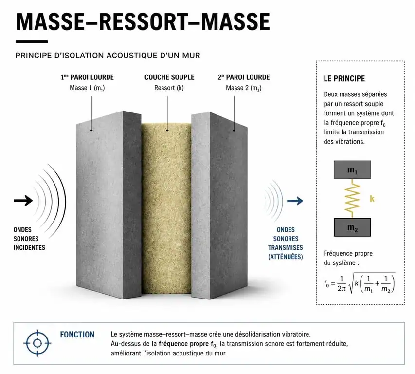 Schéma du principe masse-ressort-masse pour isoler phoniquement un mur mitoyen