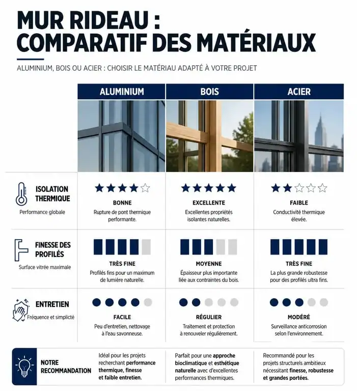 Comparatif des matériaux pour mur rideau de maison individuelle : aluminium, bois et acier