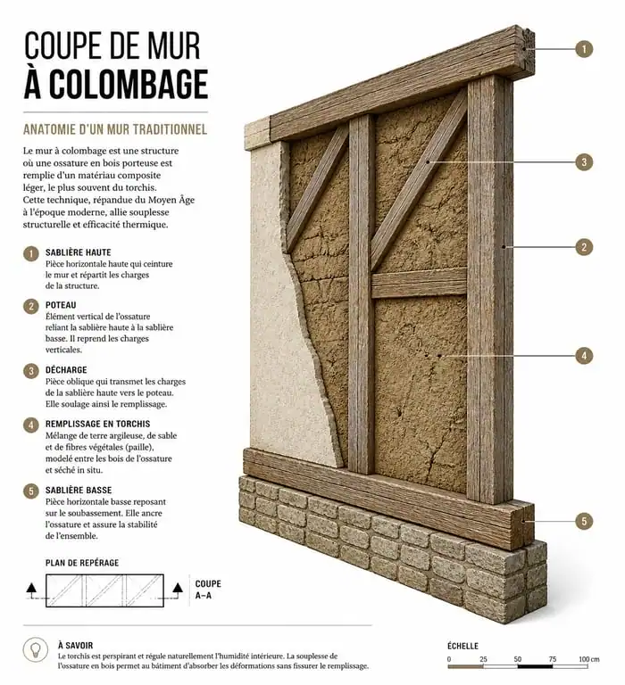 Schéma technique d'une structure de maison à colombage avec ses éléments d'ossature et de hourdage