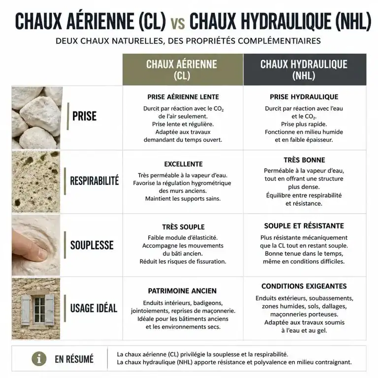 Comparatif des propriétés techniques entre chaux aérienne et chaux hydraulique pour enduit à la chaux