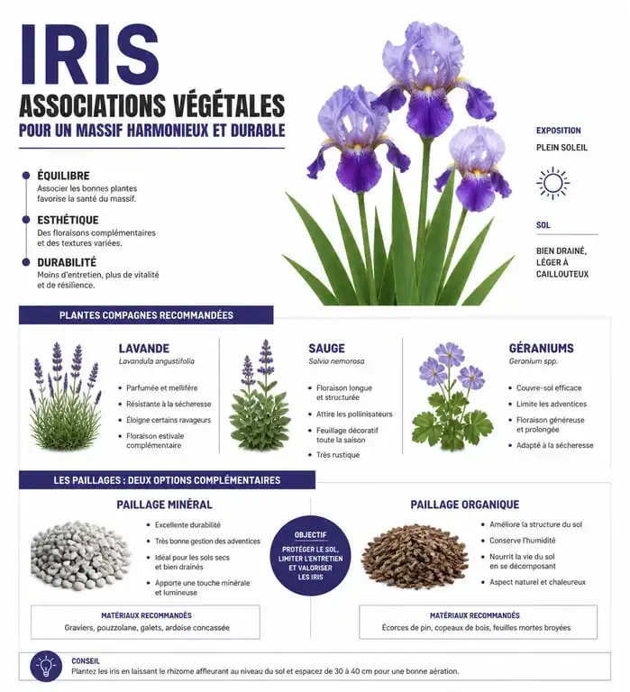 Infographie des meilleures plantes compagnes et conseils de paillage pour réussir la culture des iris au jardin