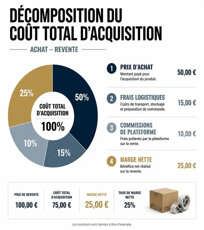 Infographie du calcul du coût total d'acquisition et de la marge en achat-revente