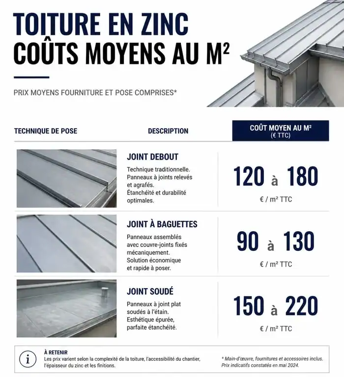 Graphique comparatif des prix au m² pour une toiture en zinc selon la technique de pose
