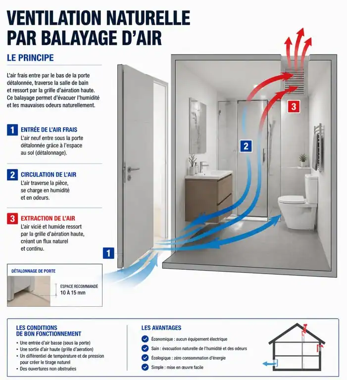Schéma de ventilation naturelle par balayage d'air pour salle de bain sans VMC