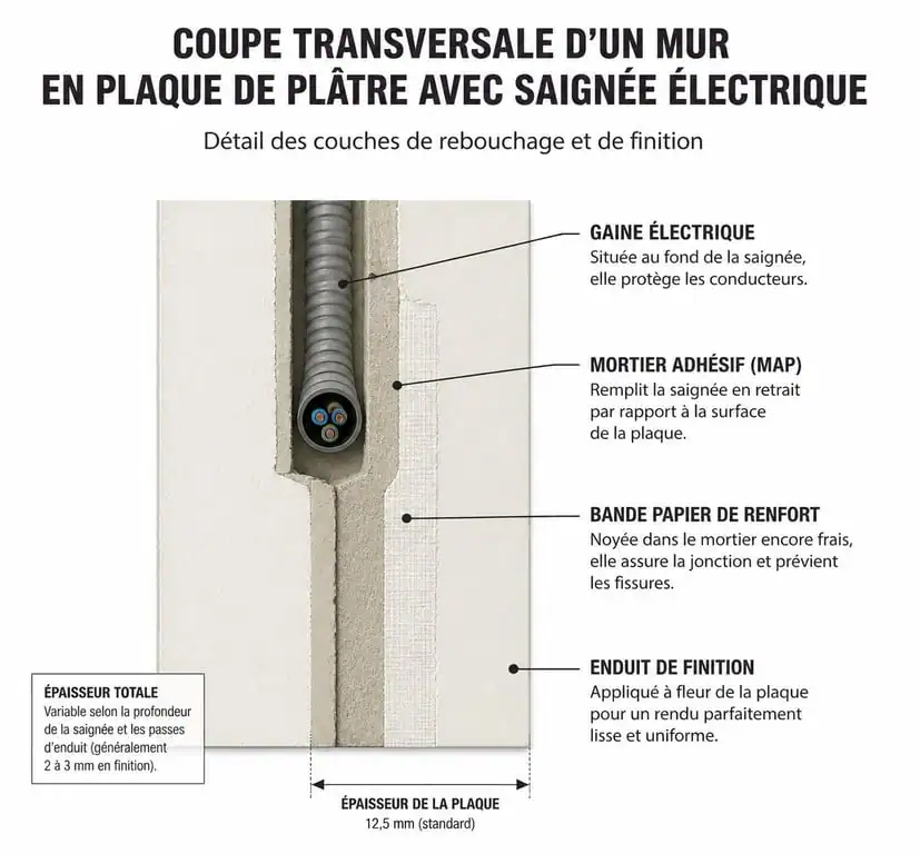 Schéma technique des étapes pour reboucher une saignée dans du placo