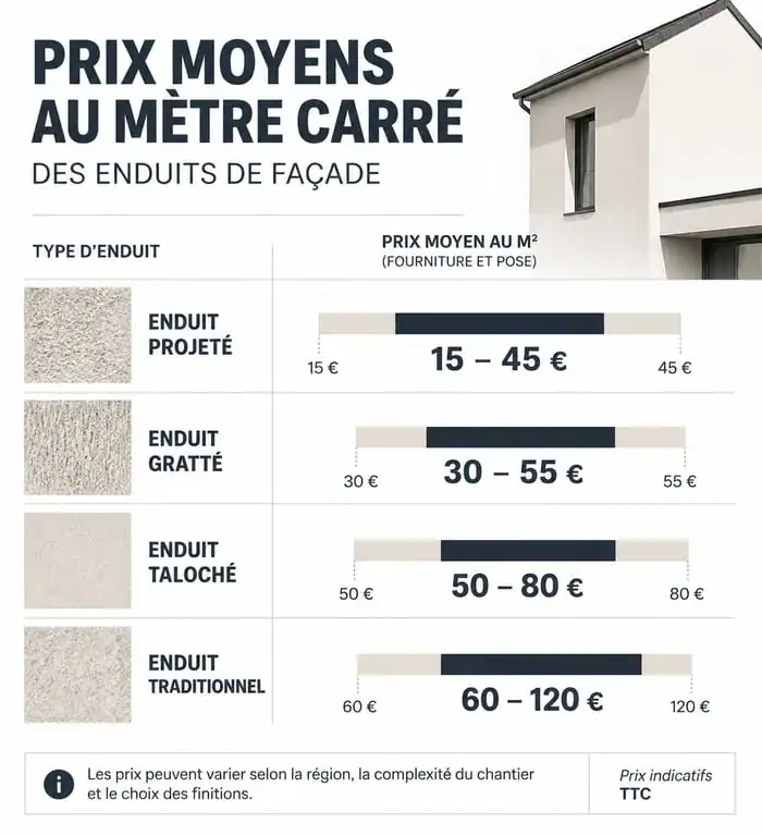 Tableau comparatif des prix au m2 pour différents types d'enduits de façade et finitions