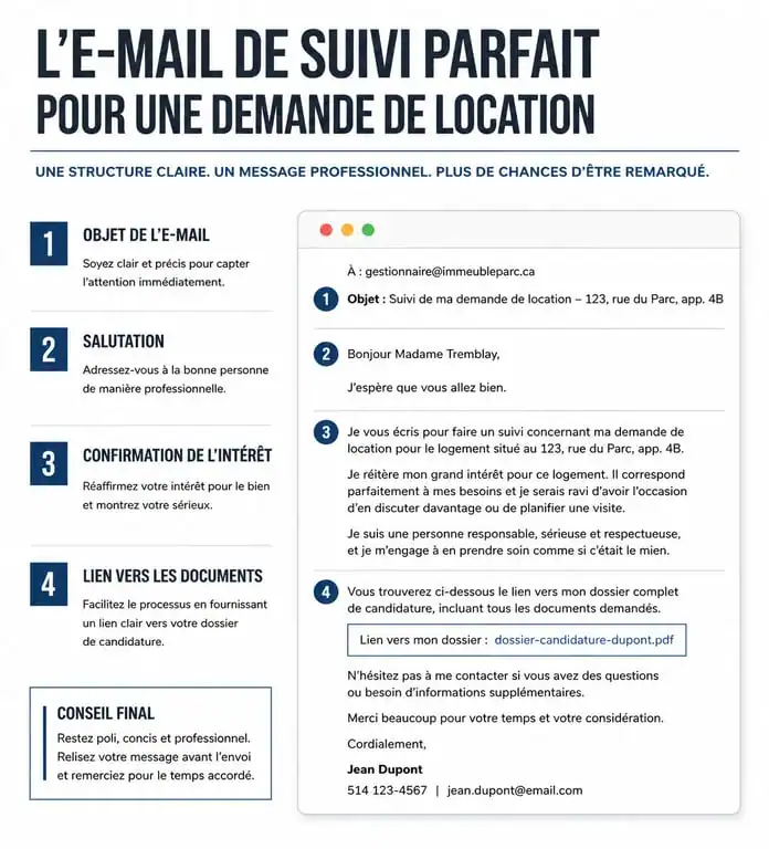 Infographie montrant la structure idéale d'un mail après visite d'appartement pour maximiser ses chances de location