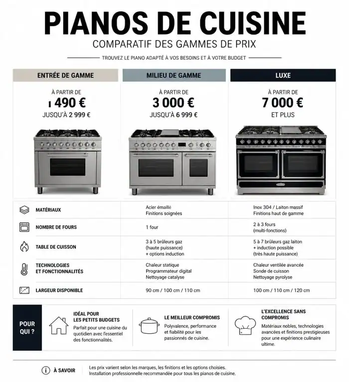 Comparatif des prix et caractéristiques des pianos de cuisine selon les gammes