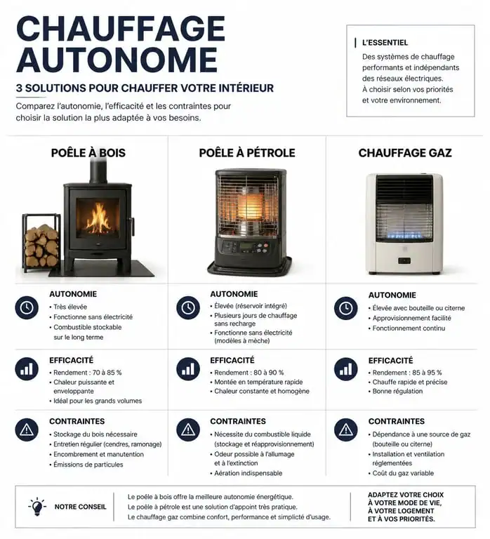 Infographie comparative des solutions pour chauffer une pièce sans électricité