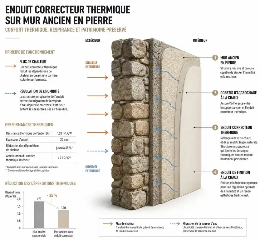 Coupe transversale d'un mur en pierre avec enduit correcteur thermique illustrant la régulation hygrothermique
