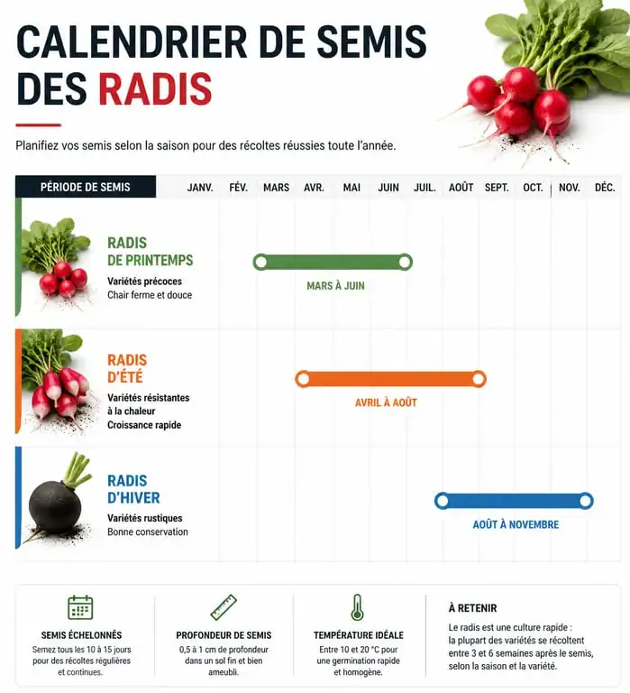 Calendrier de semis des radis : périodes idéales pour semer les radis de printemps, d'été et d'hiver