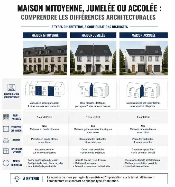 Comparatif architectural : maison mitoyenne, maison jumelée et maison accolée