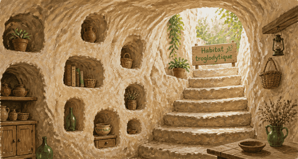 Intérieur d'habitat troglodytique en pierre calcaire