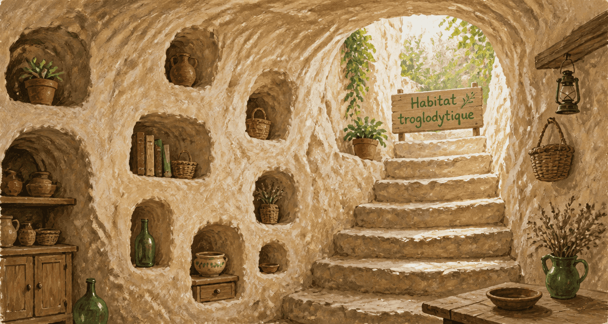 Intérieur d'habitat troglodytique en pierre calcaire