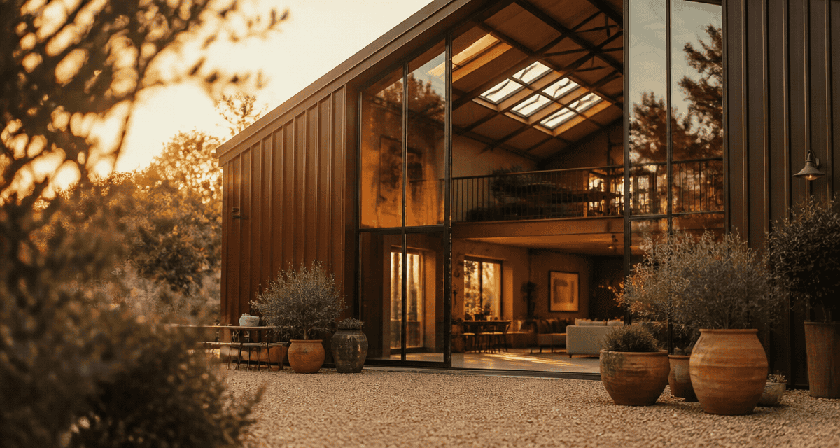 façade hangar aménagé en maison contemporaine avec verrière