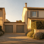 Maison mitoyenne par le garage avec haies et lumière dorée