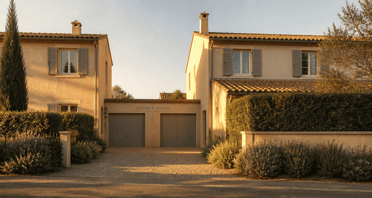 Maison mitoyenne par le garage avec haies et lumière dorée