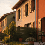 Maisons mitoyennes modernes avec jardin au crépuscule