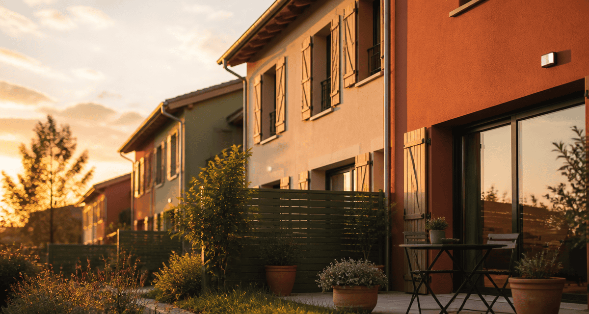 Maisons mitoyennes modernes avec jardin au crépuscule