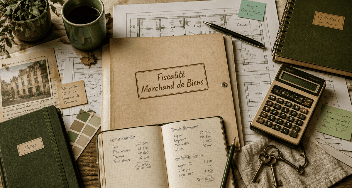 marchand de bien fiscalité dossier et calculatrice