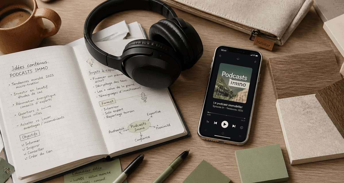 bureau agent avec podcast immobilier casque
