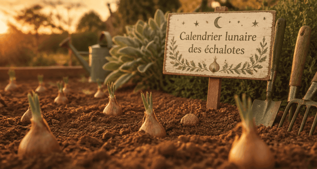 quand planter les échalotes avec la lune, bulbes en terre et panneau calendrier