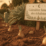 quand planter les échalotes avec la lune, bulbes en terre et panneau calendrier