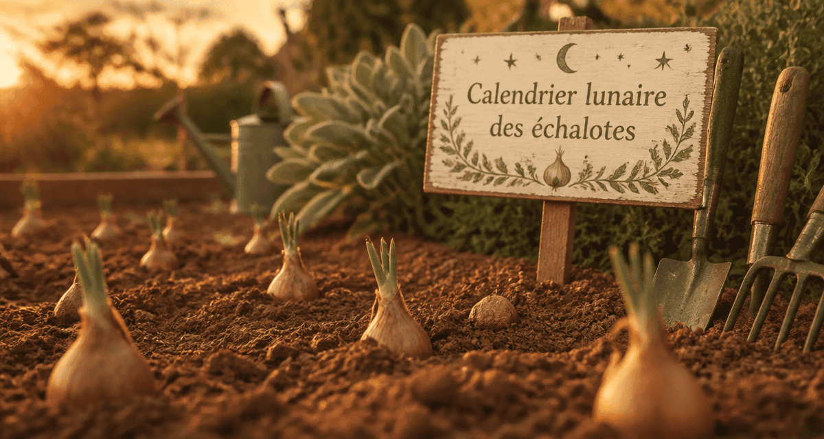 quand planter les échalotes avec la lune, bulbes en terre et panneau calendrier